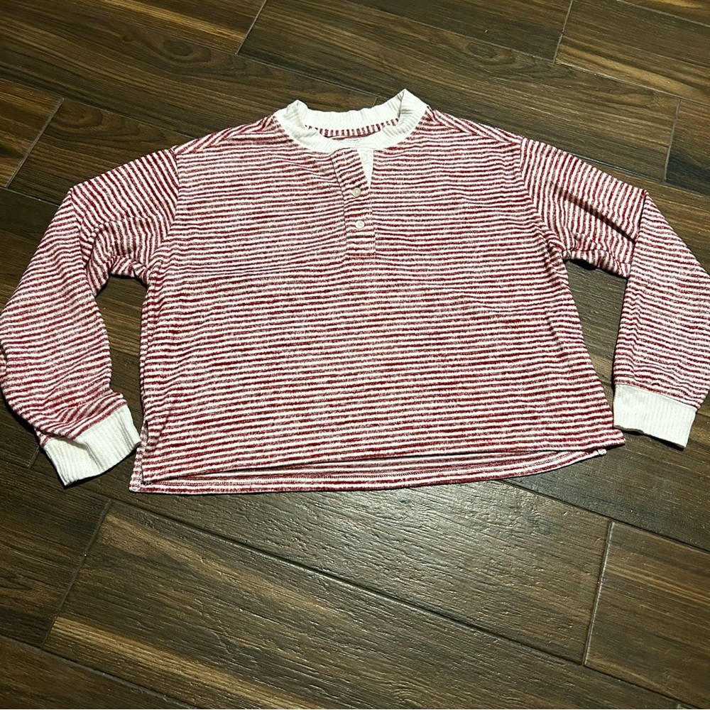 Abercrombie & Fitch XS Cozy Pajama Top Red White Candy Cane Long Sleeve